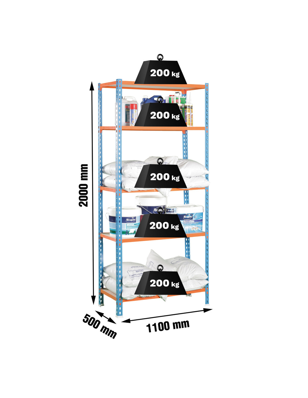 Etagère légère sans vis maderclick superplus 5/500 bleu/orang/bois bleu/orange/bois 2000x1100x500 - simonrack