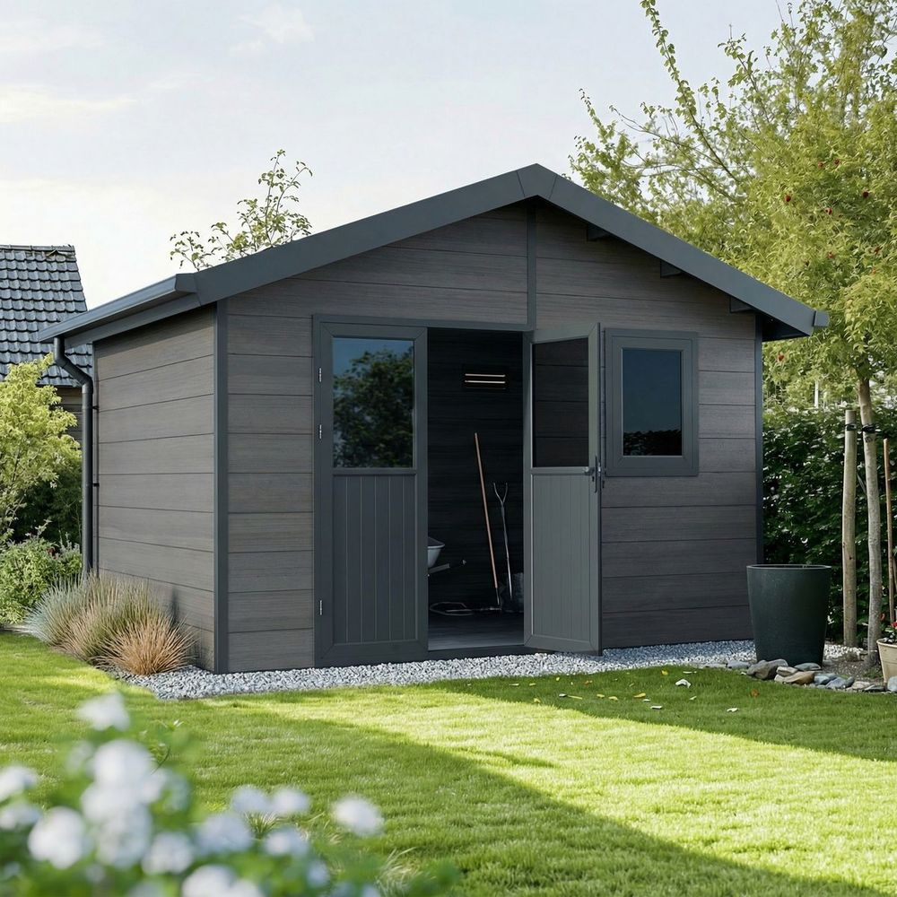 Abri de jardin composite isora - 12m2 gris - cabane atelier / abri velo