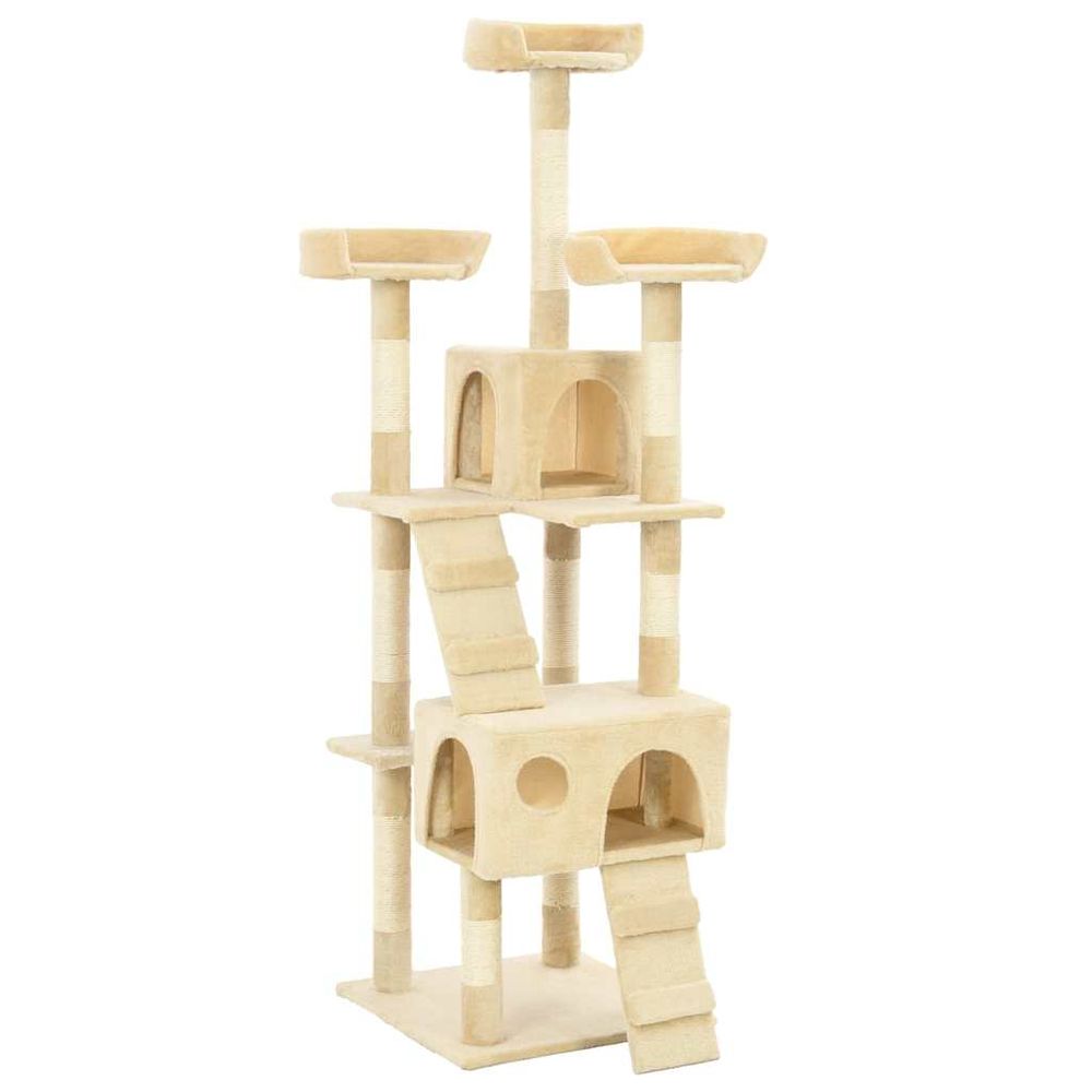 Grand arbre à chat 170 cm en sisal avec 2 niches pour plusieurs chats beige