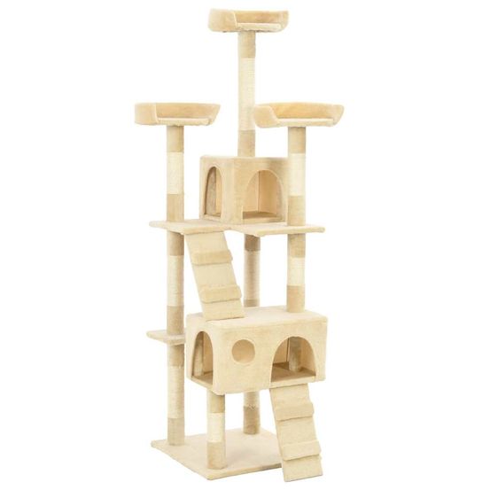 Grand arbre à chat 170 cm en sisal avec 2 niches pour plusieurs chats beige