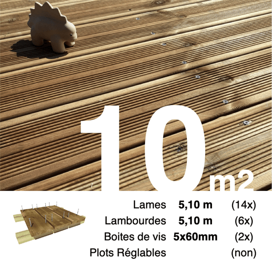 Kit terrasse pin autoclave marron pour 10 m², lames 5,1 m, lambourdes 5,1 m et visserie inox.