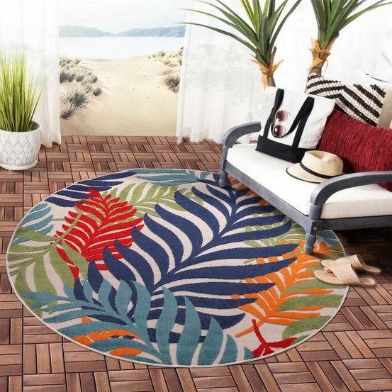 Tapis rond d'extérieur ø150cm tissé kilim bleu et rouge chimek