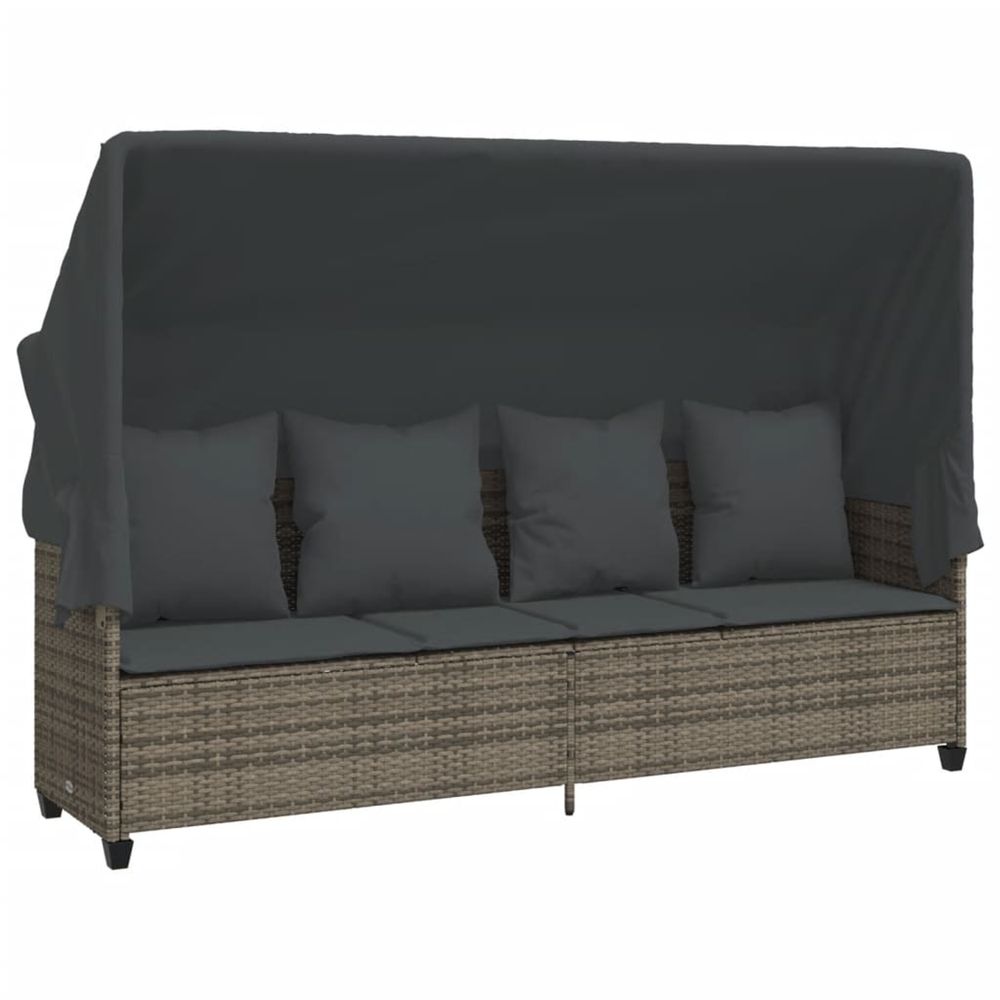 Chaise longue avec auvent et coussins gris résine tressée bain de soleil