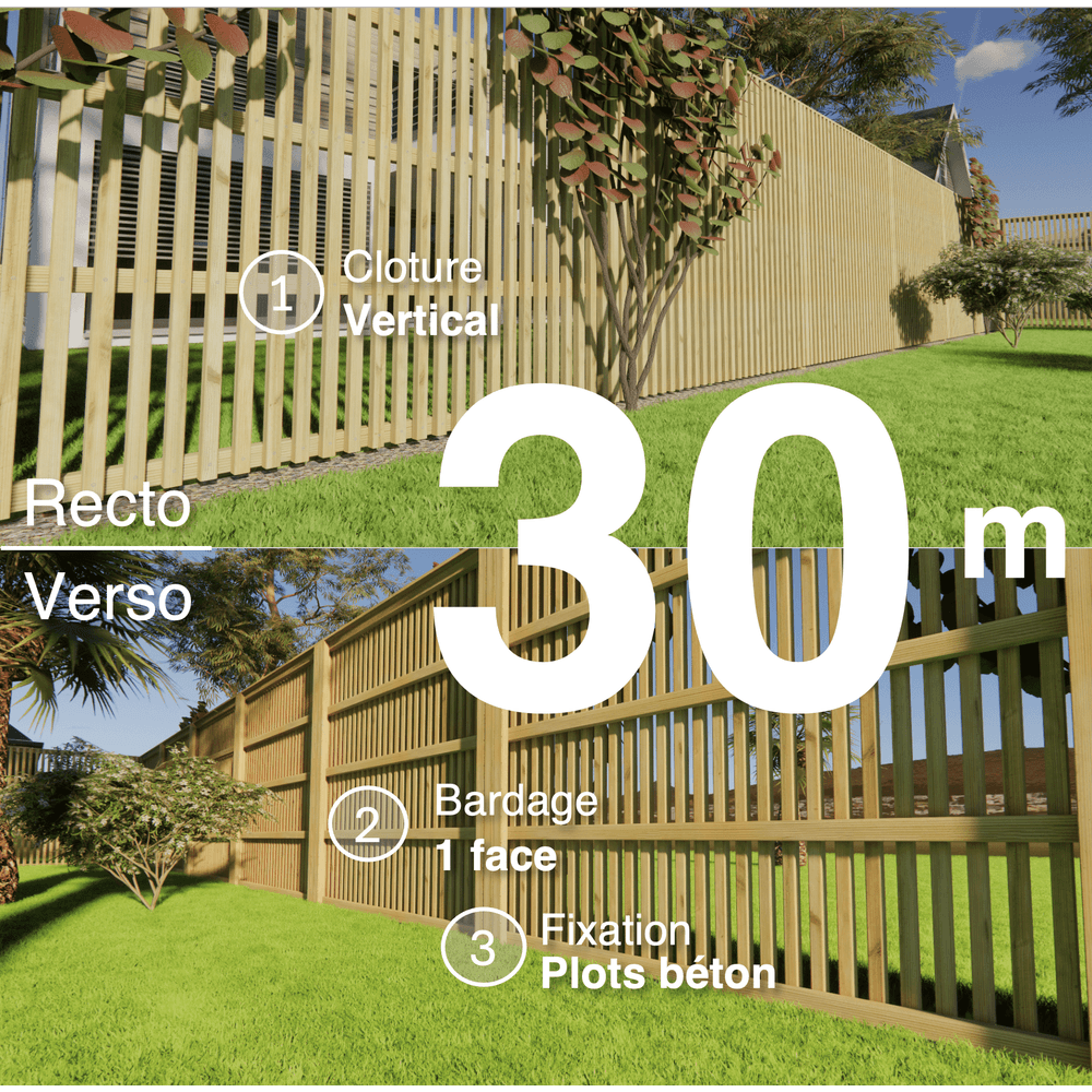 Kit clôture bois moderne 30m – h 2,3m – 45 x 45 mm autoclave – pose vertical – simple face – à sceller