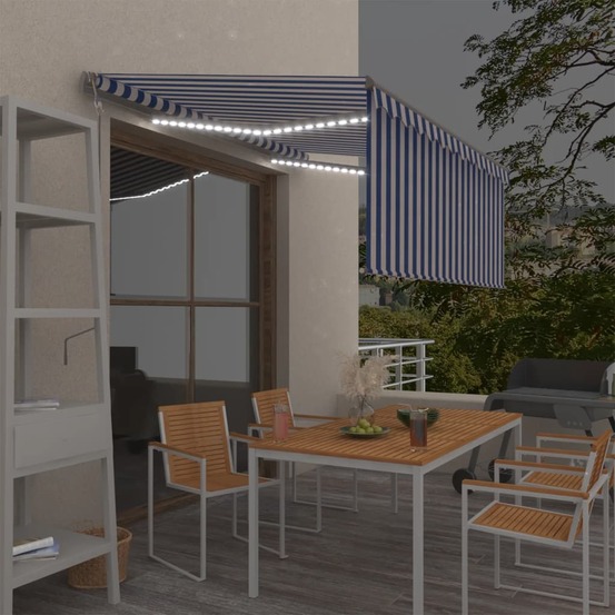 Auvent automatique store led capteur de vent 3x2,5 m bleu/blanc