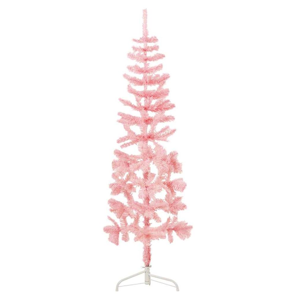 Demi sapin de noël artificiel mince avec support rose 150 cm