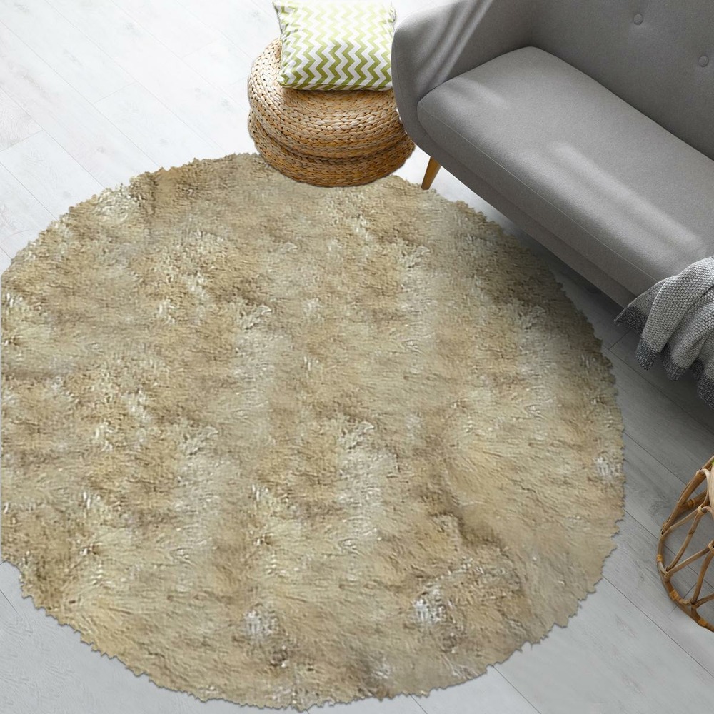 Tapis shaggy ø100cm rond fait main beige motif uni sg fin