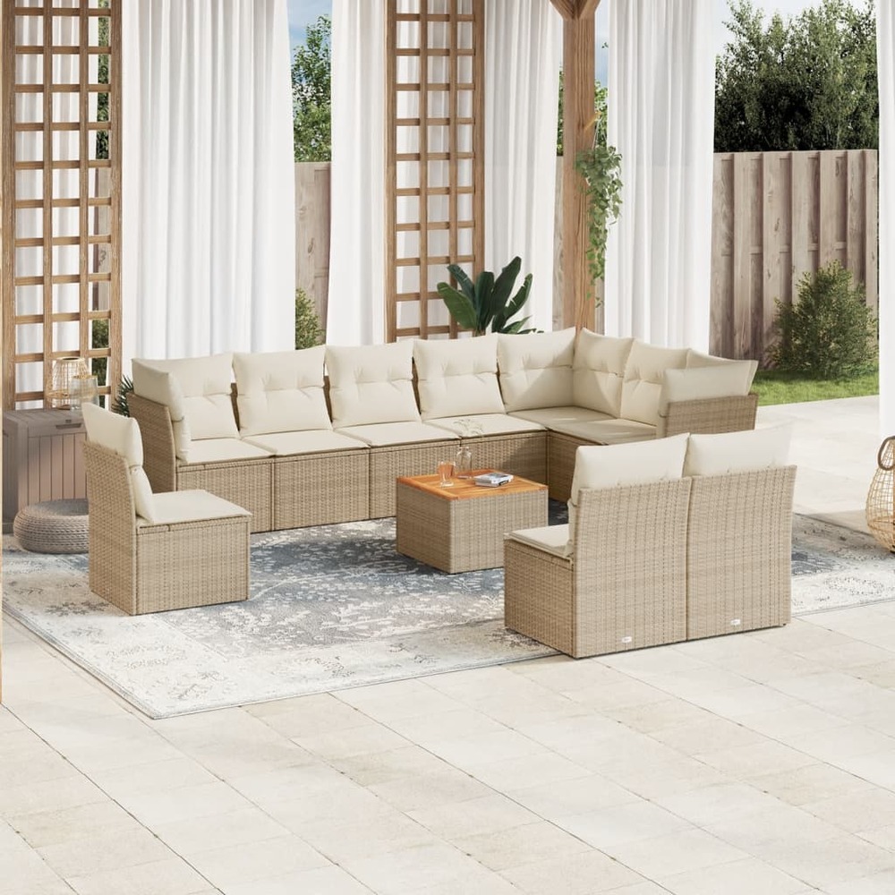 Salon de jardin 11 pcs avec coussins beige résine tressée