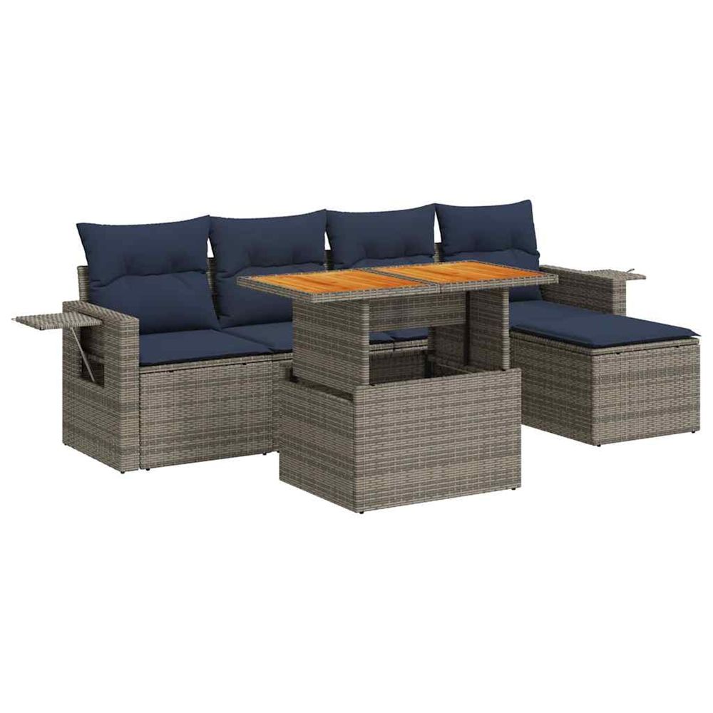Salon de jardin 6 pcs avec coussins gris résine tressée