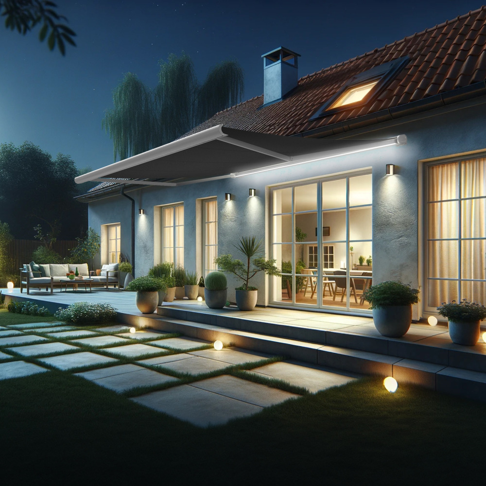 Store banne coffre intégral hevoa 4,05x3,50 m (motorisé secours à télécommande + led - blanc satiné ral9010 - gris graphite)