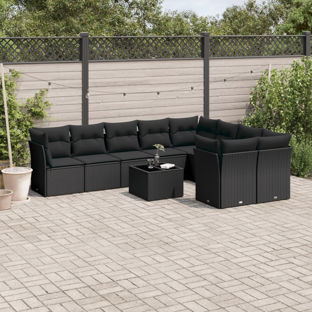 Salon de jardin 10 pcs avec coussins noir résine tressée