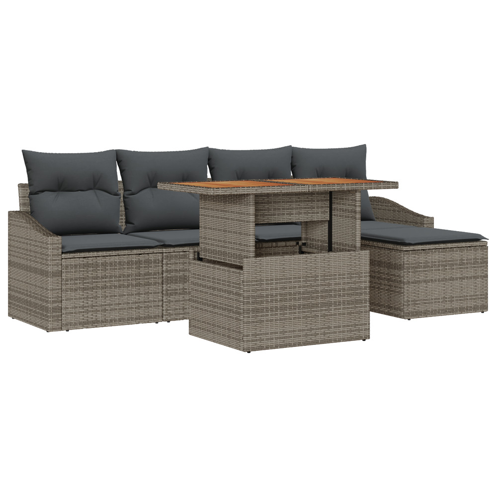 Ensemble de salle à manger de jardin 6 pièces avec coussins gris poly rattan acacia