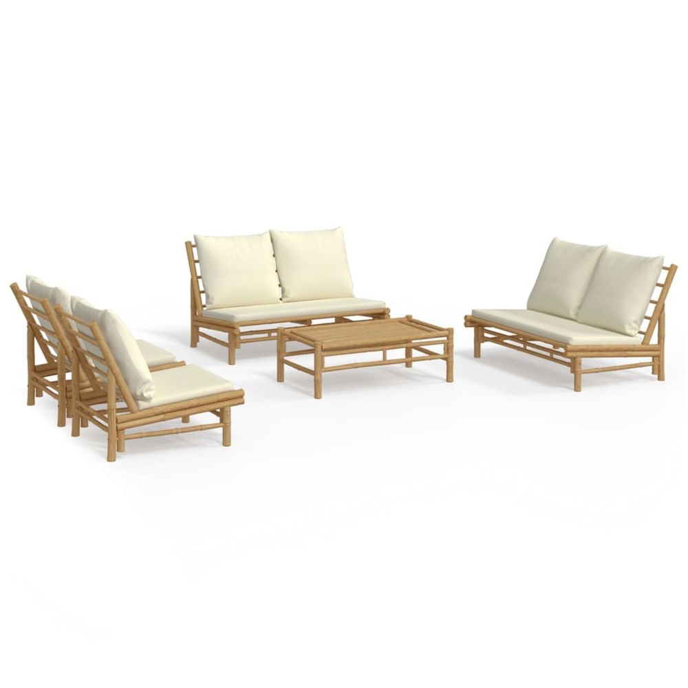 Salon de jardin 5 pcs avec coussins blanc crème bambou