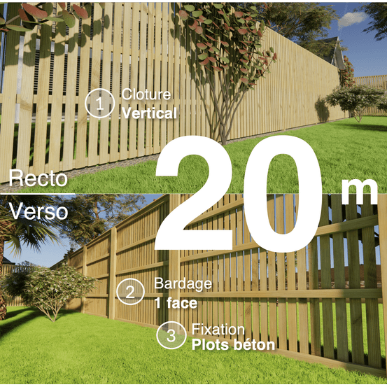 Kit clôture bois moderne 20m – h 2,3m – 20 x 60 mm autoclave vert – pose vertical – simple face – à sceller