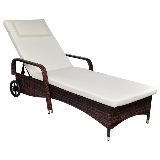Transat chaise longue bain de soleil lit de jardin terrasse meuble d'extérieur avec coussin et roues résine tressée marron 02