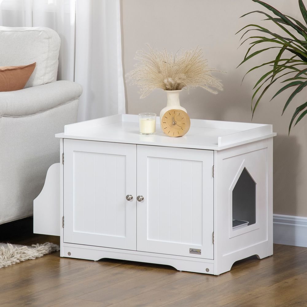 Meuble maison de toilette bois mdf pour chat cache-litière table d'appoint blanc 86cm