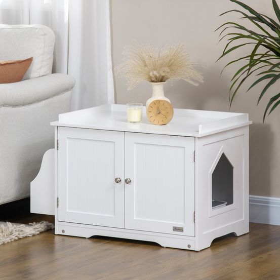 Meuble maison de toilette bois mdf pour chat cache-litière table d'appoint blanc 86cm