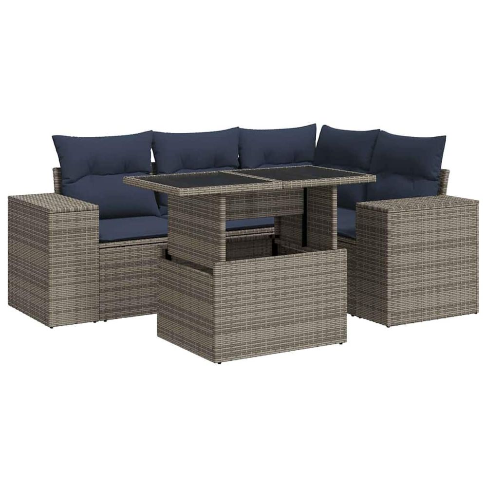 Salon de jardin avec coussins 5 pcs gris résine tressée