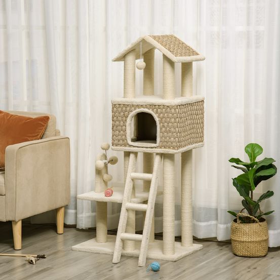 Arbre à chat griffoir 131cm sisal peluche niche jouets kaki beige - comfortxl pet living