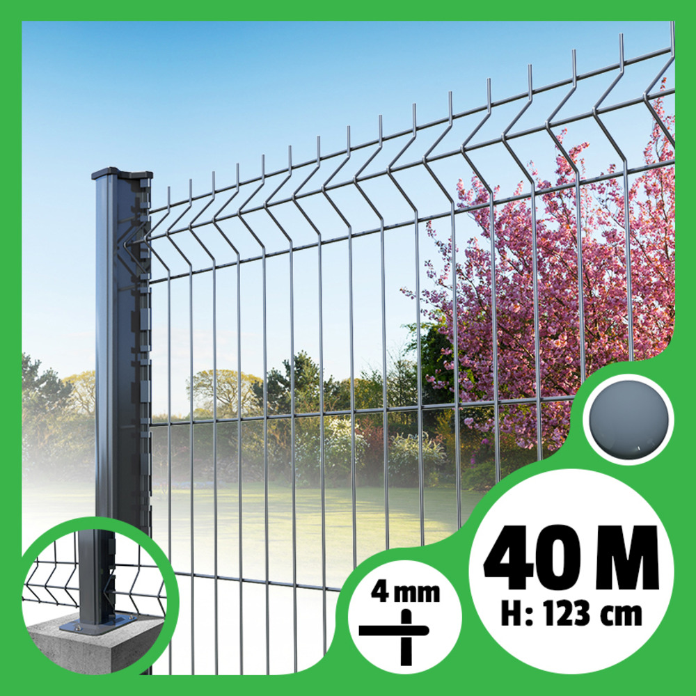 Kit grillage rigide poteaux h - longueur 40 mètres - 123 cm, gris anthracite, a visser ( platines fournies )