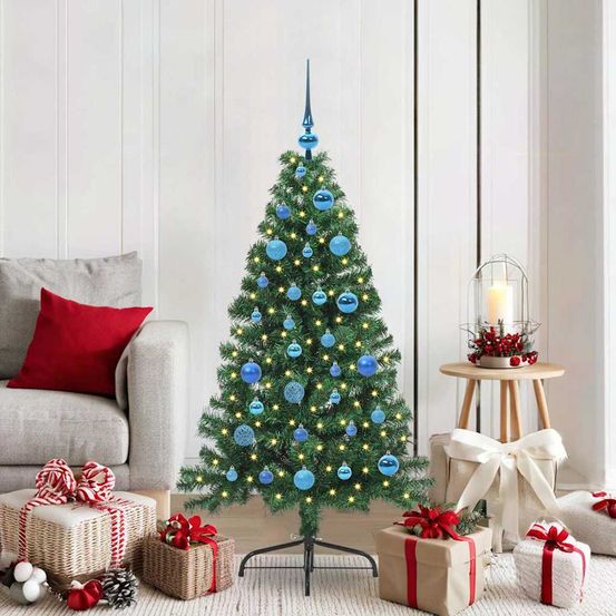 Sapin de noël 150 cm pour salon ou jardin, pack complet avec led et 61 boules