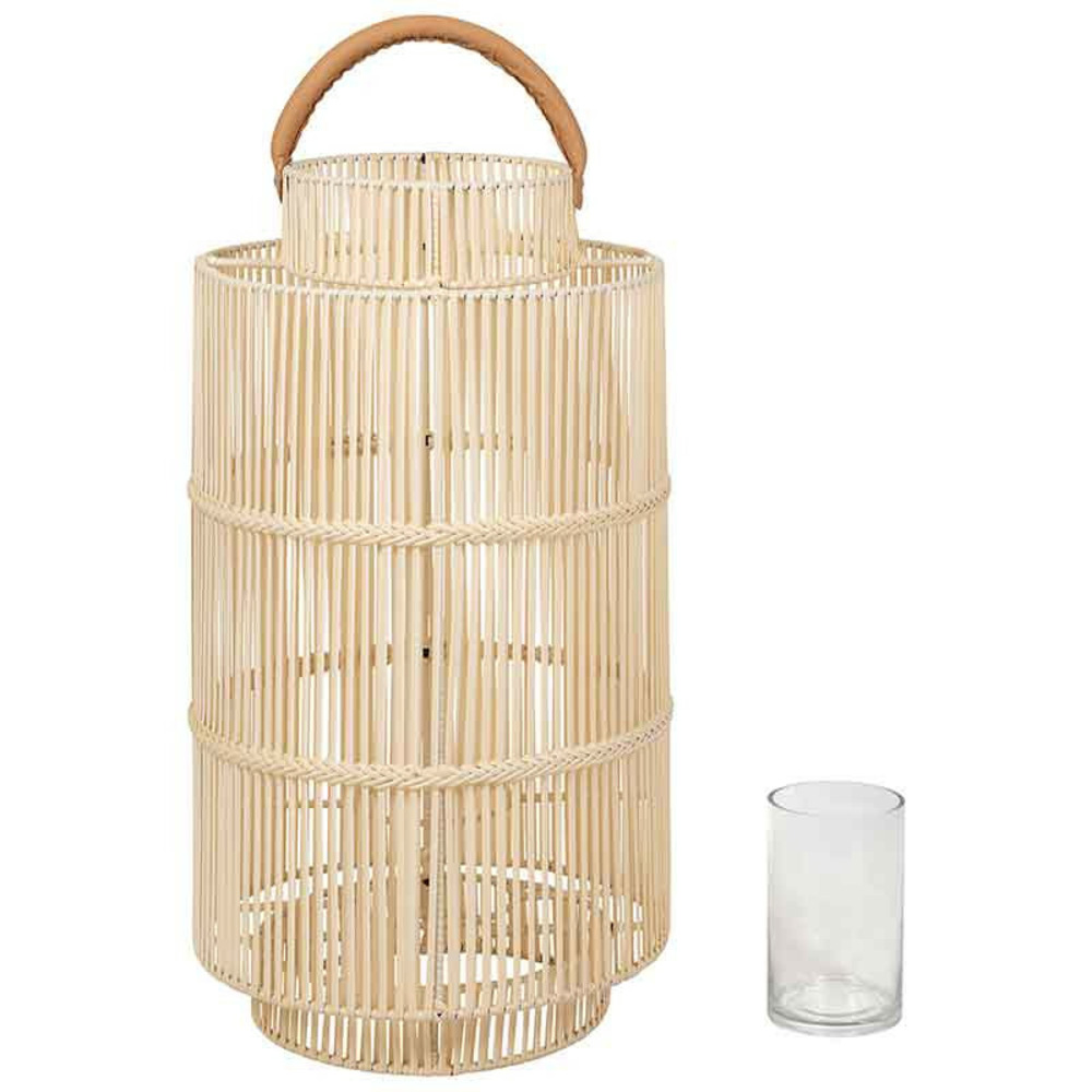 Lanterne d'extérieur pasil osier blanc cuir de vache 40x75cm