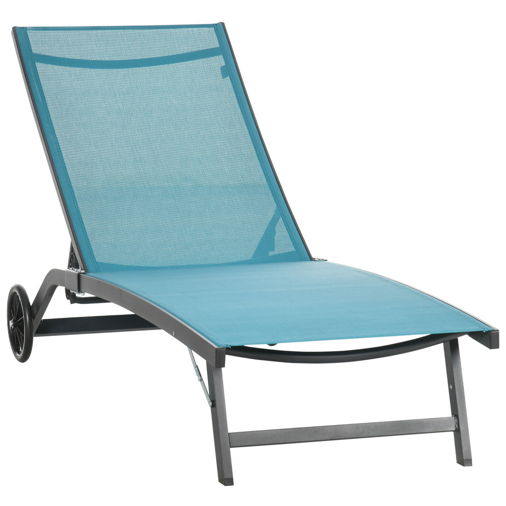 Transat, chaise longue à roulettes, dossier réglable, en polyester et aluminium, bleu