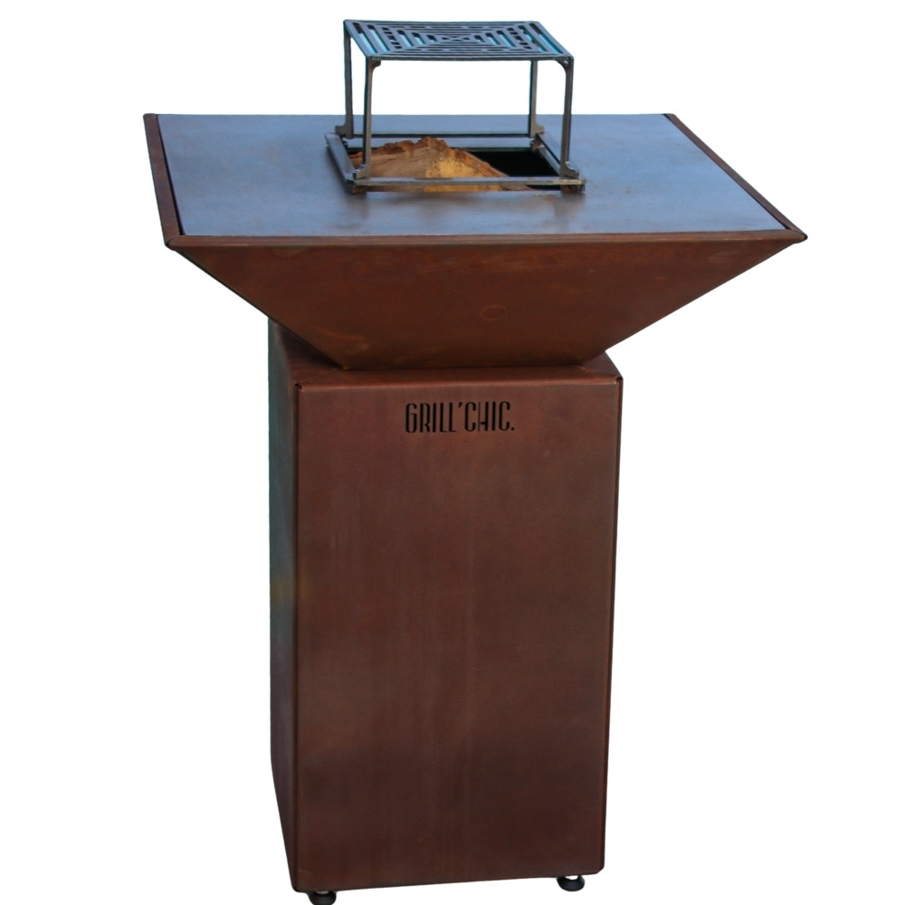 Auvergnat simple cuve corten - brasero sans rangement bois - carré - compact et simple, parfait pour des soirées en extérieur