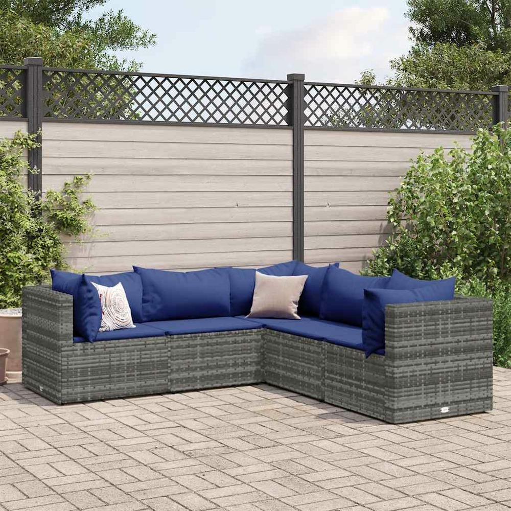Salon de jardin 5 pcs avec coussins gris résine tressée