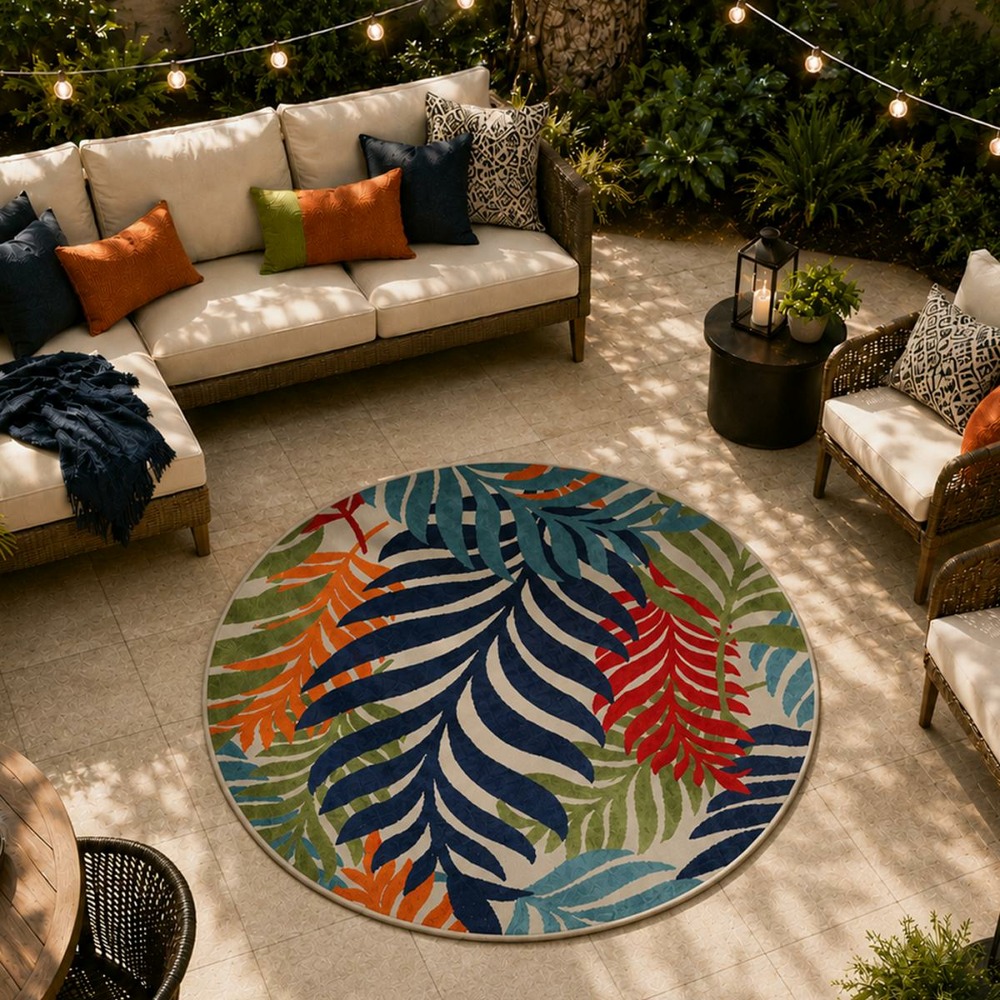 Tapis rond d'extérieur ø120cm tissé kilim bleu et rouge chimek