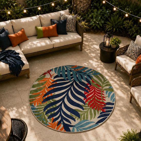 Tapis rond d'extérieur ø120cm tissé kilim bleu et rouge chimek