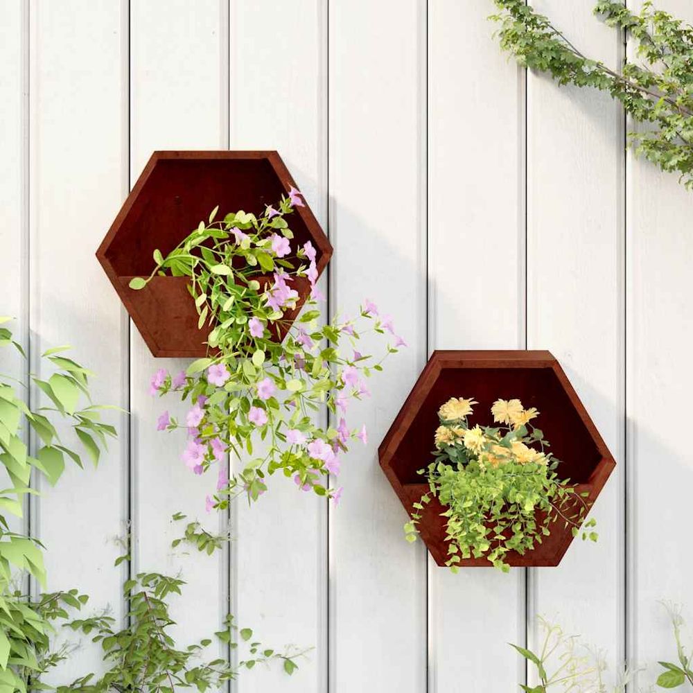 Lot de 2 jardinières murales design en acier corten effet rouillé 30x10x25 cm