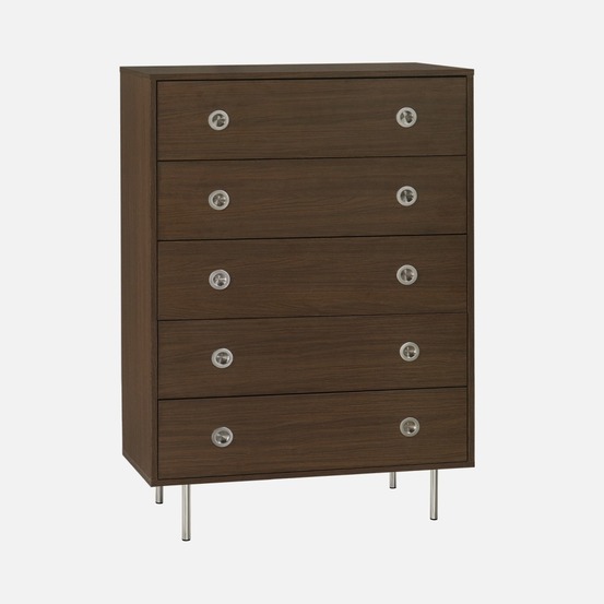 Commode vintage décor bois et acier inoxydable 5 tiroirs noyer - shelby