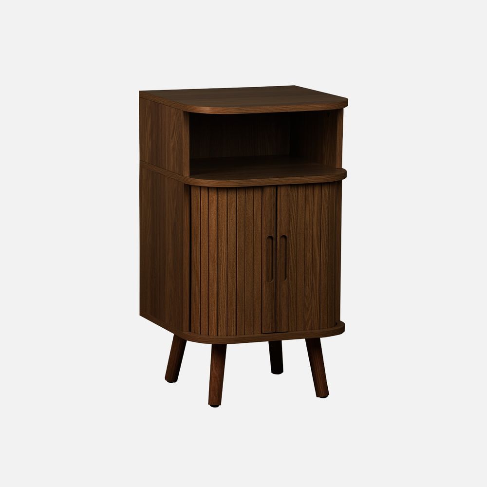 Table de chevet 2 portes coulissantes + 1 niche effet bois rainuré, l 40 x p 40 x h 70cm