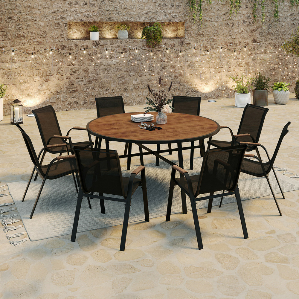 Salon de jardin noumea table ronde 150 cm plateau verre trempé effet bois et 8 chaises empilables noir et bois