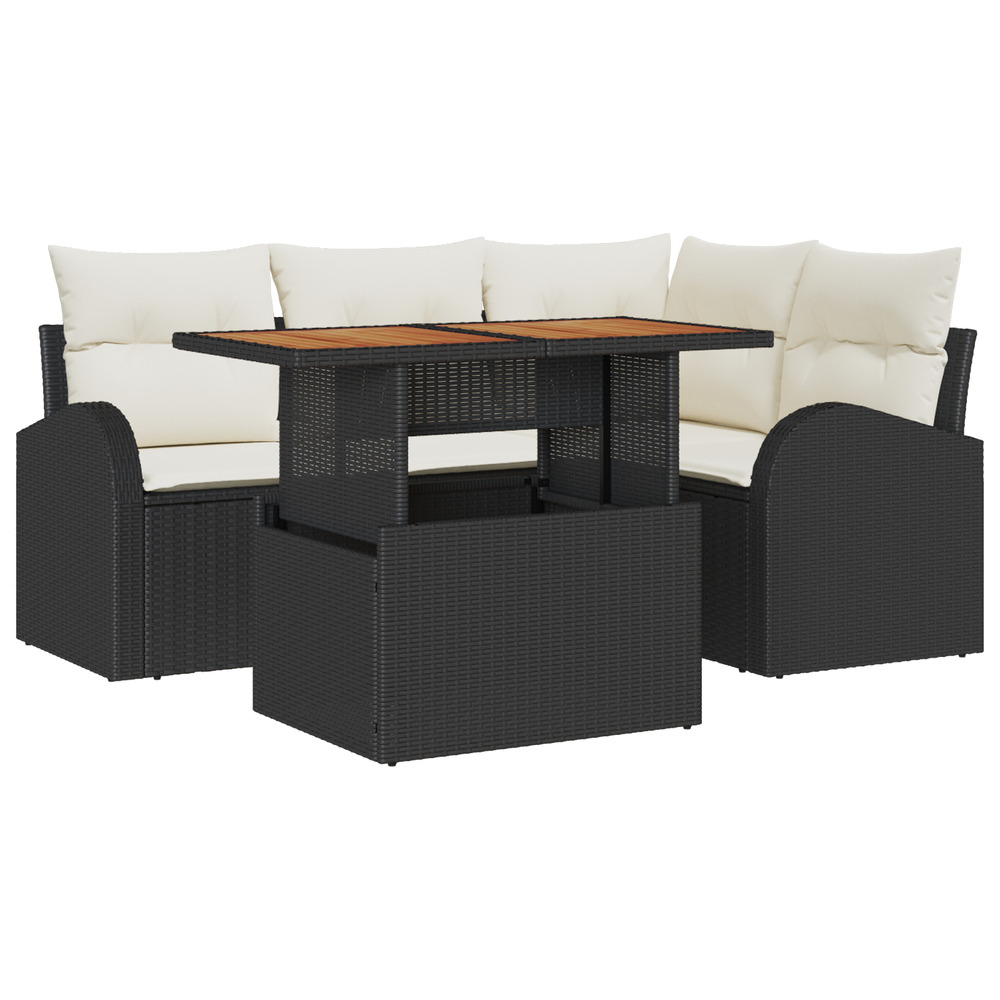 Ensemble de salle à manger de jardin de 5 pièces avec coussins noir rattan poly acacia