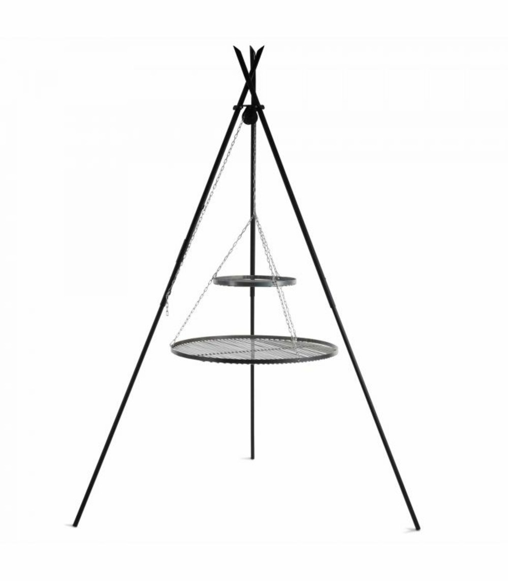 Barbecue 2 grilles de cuisson suspendu « tipi » sur trépied 210 cm – en acier 80 cm et 40 cm
