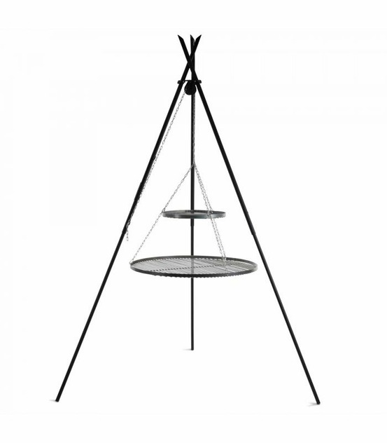 Barbecue 2 grilles de cuisson suspendu « tipi » sur trépied 210 cm – en acier 80 cm et 40 cm