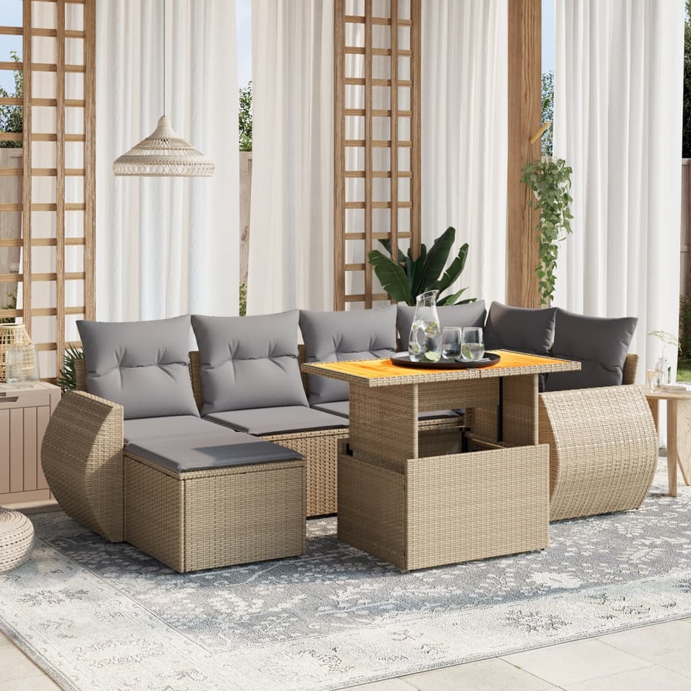 Salon de jardin avec coussins 7 pcs beige résine tressée