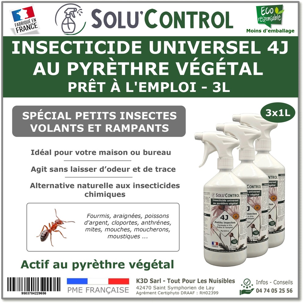 Solu’control anti-insectes universel 4j au pyrèthre végétal – prêt à l’emploi 3l (3x1l) – spécial insectes volants et rampants