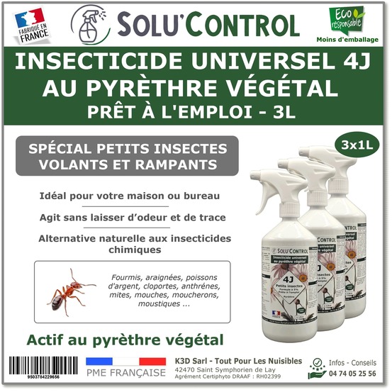 Solu’control anti-insectes universel 4j au pyrèthre végétal – prêt à l’emploi 3l (3x1l) – spécial insectes volants et rampants