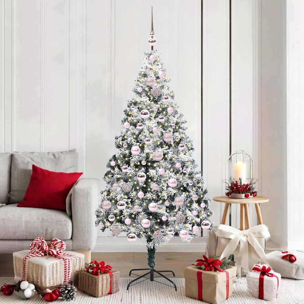 Sapin de noël artificiel vert 180 cm, pack complet avec guirlande 300 led et 120 décorations