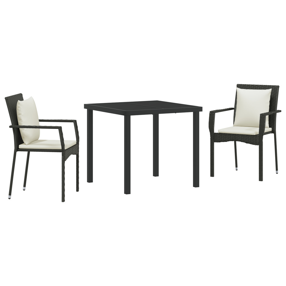 Set de salle à manger de jardin 3 pièces avec coussins noir poly rattan