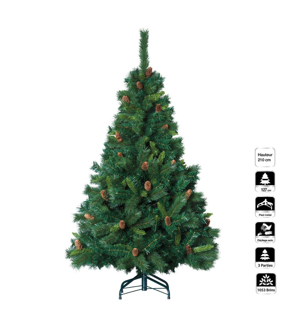 Sapin de noël artificiel vert avec pommes de pin h 210 cm