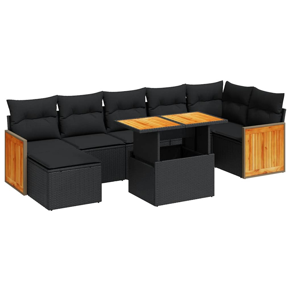 Salon de jardin avec coussins 8 pcs noir résine tressée acacia