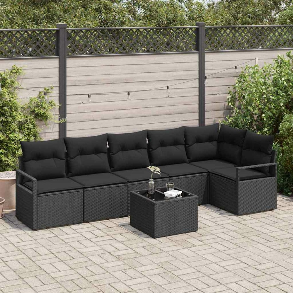 Ensemble de canapés avec coussin 7 pcs noir polyrotin