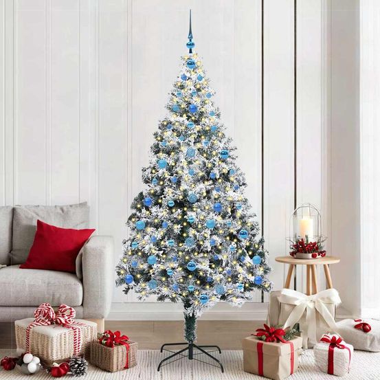 Sapin de noël artificiel pvc 210 cm, lumineux avec 8 modes d'éclairage et 120 boules fournies