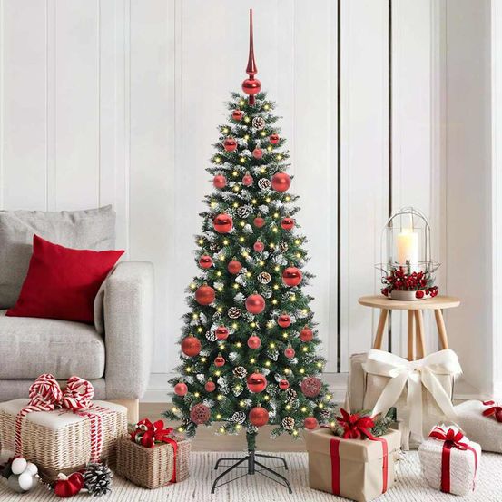 Sapin artificiel pré-illuminé 150 cm floqué neige, 150 led 8 modes & décorations usb