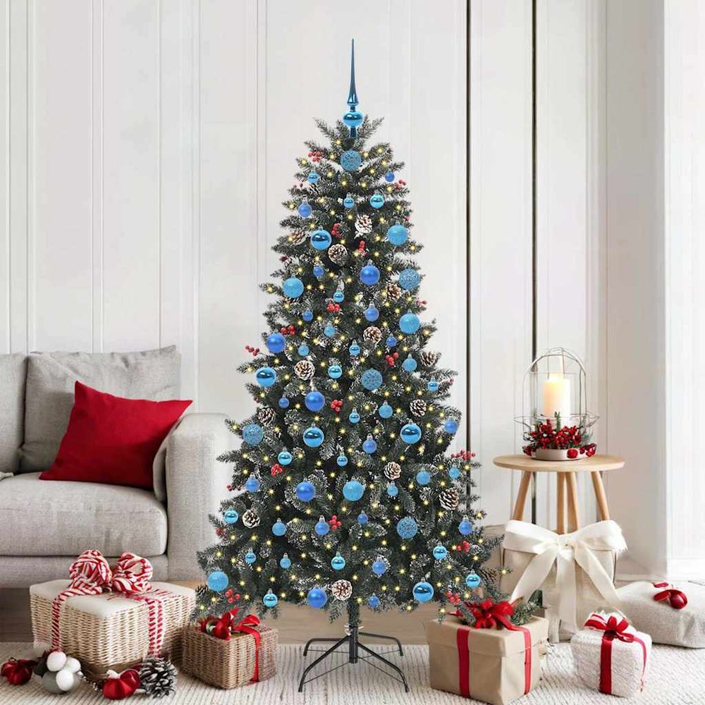 Sapin de noël artificiel 180 cm lumineux, kit décoration complet 300 led & 120 boules
