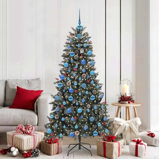 Sapin de noël artificiel 180 cm lumineux, kit décoration complet 300 led & 120 boules